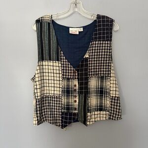 Denim Republic Navy & Cream Patchwork Plaid Button Front Vest Size Large